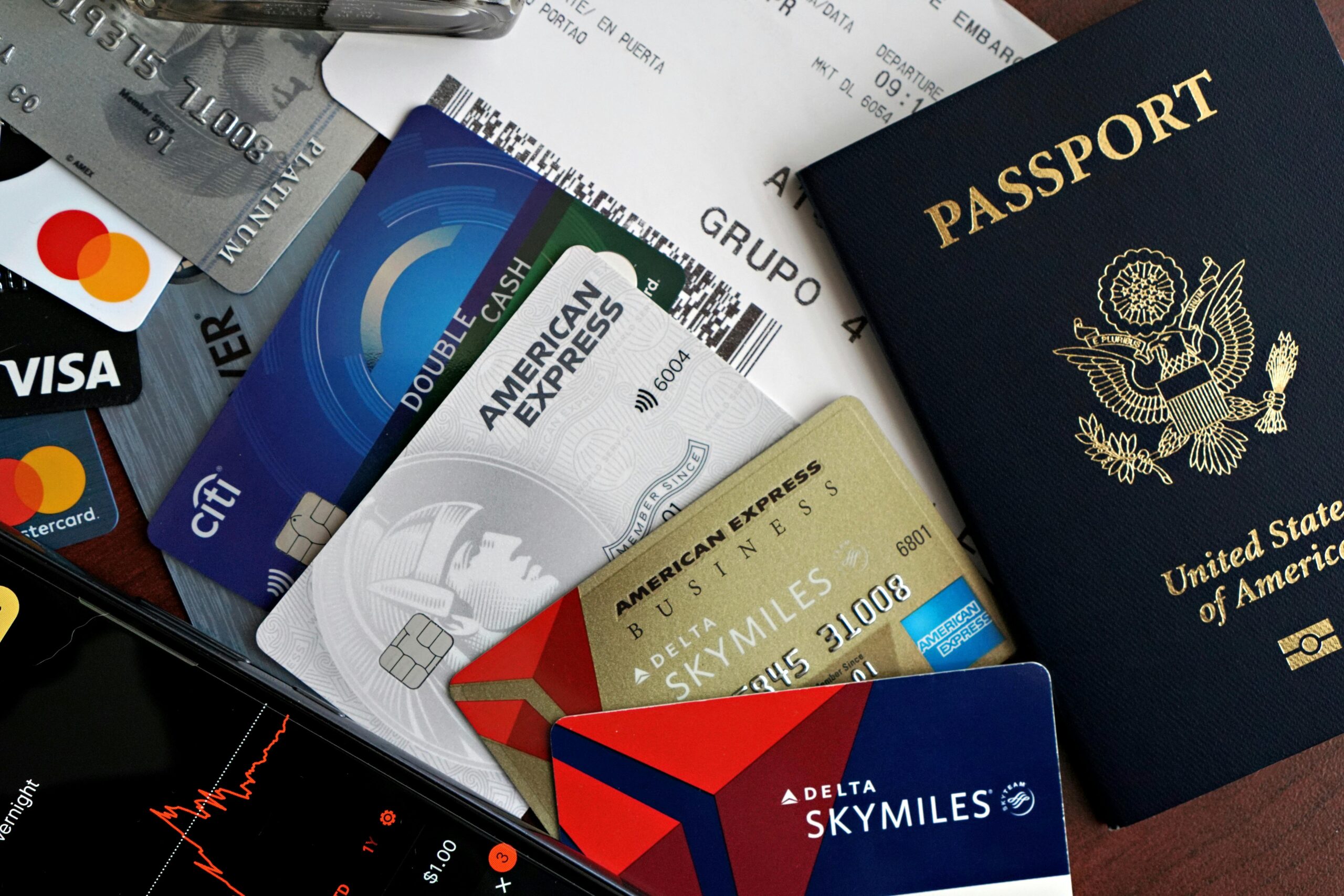 Credit cards, passport, and plane ticket